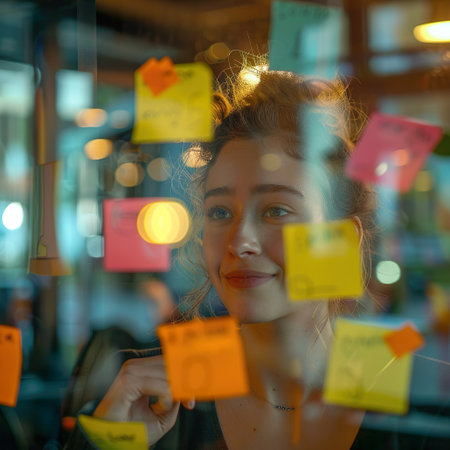 A young woman with blonde hair and an introspective expression is involved in an interactive task, placing sticky notes on a window in a well-lit workspace.の素材