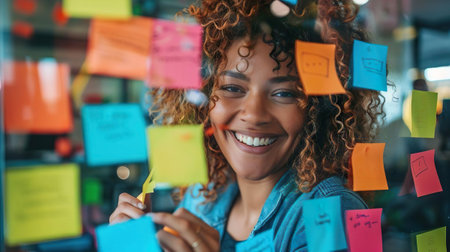 A woman with joyful curls smiles brightly as she adds a sticky note to a window covered in a kaleidoscope of colorful reminders and ideas. The playful nature of her curly hair mirrors the creativity of the session, and her teal top complements the vibrant scene in what appears to be a bustling office environment.の素材