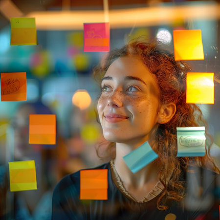 Close-up of a young woman with freckles and a joyful expression, surrounded by colorful sticky notes attached to a glass wall. This image captures creativity and brainstorming in a live setting, ideal for themes related to innovation, project planning, and young entrepreneurs at work. The vibrant sticky notes symbolize ideas and organization, making this a perfect choice for educational and business-related content.の素材