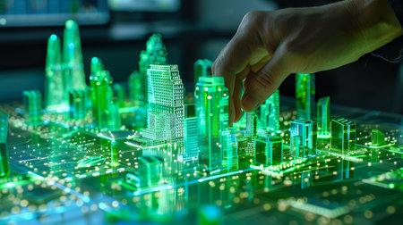 A detailed futuristic city model displayed with glowing holographic structures on an advanced interactive platform. A hand interacts with the buildings, illustrating the future of urban planning and smart city innovations. The scene emphasizes the use of cutting-edge technology in designing modern cities.の素材