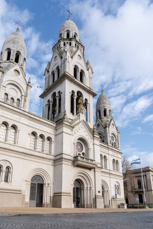 Historic neoclassical church in Argentina with imposing towers and unique architectural details. Ideal for heritage, tourism, and religion themes.の写真素材