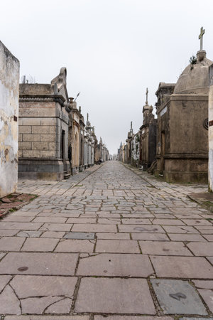 Elegant mausoleums in a historic cemetery with detailed stonework and neoclassical architecture, evoking heritage and memory.の写真素材