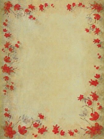 Red blossom flower border on textured light backgroundの写真素材
