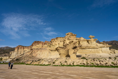 Panoramic with rock formation on the Mediterranean coast and blue sky in Bolnuevo city.