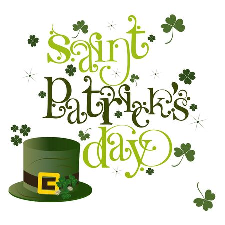 Saint Patrick's day, hand drawn lettering design. Hat illustration and green cloverのイラスト素材
