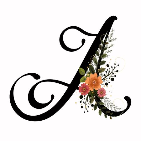 Floral Alphabet - Letter A with flowers and leaves hand drawn. Flowers bouquet composition.のイラスト素材