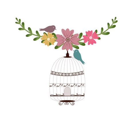 Birdcage vector with flowers. Bird cage vintage. Wedding invitation Save the date Bird cage illustration. Cage vector. Floral clip art. Leaves vectorのイラスト素材
