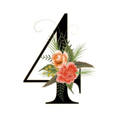 Number flowers 4 with watercolor flowers and leaves hand drawn on paper. Flowers bouquet composition.のイラスト素材
