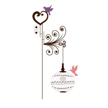 Birdcage vector with flowers. Bird cage vintage. Wedding invitation Save the date Bird cage illustration. Cage vector. Floral clip art. Leaves vectorのイラスト素材