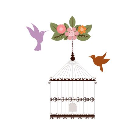 Birdcage vector with flowers. Bird cage vintage. Wedding invitation Save the date Bird cage illustration. Cage vector. Floral clip art. Leaves vectorのイラスト素材