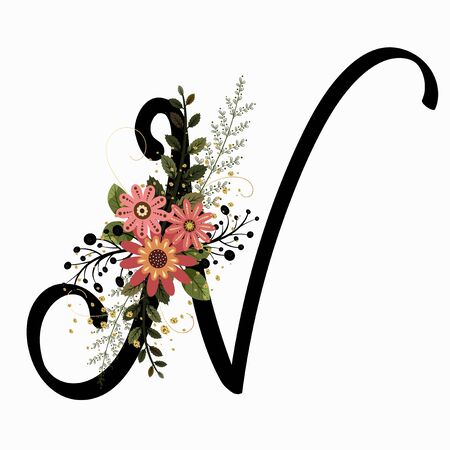 Floral Alphabet - Letter N with flowers and leaves hand drawn. Flowers bouquet composition.のイラスト素材