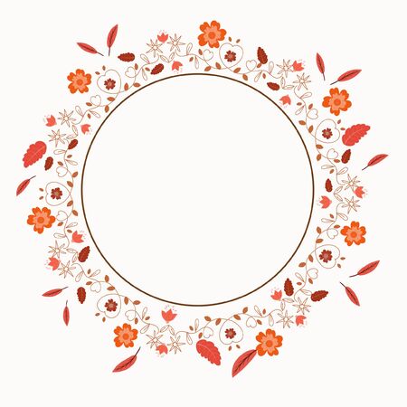 Wreath Autumn of flowers. Decoration with flowers and leaves. Illustration wreath flowersのイラスト素材