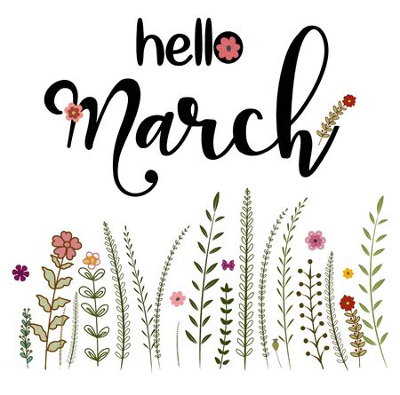 Hello March month with flowers and leaves. Floral decoration Illustration month Marchのイラスト素材
