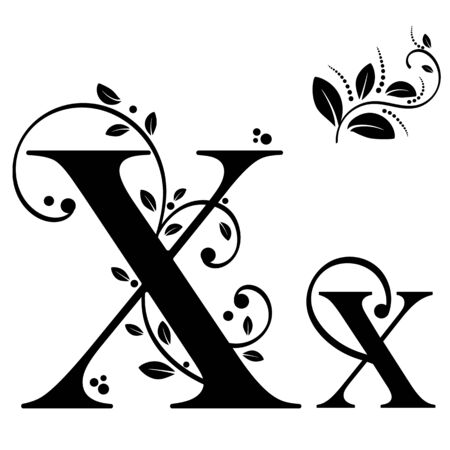 Decorated Alphabet with vintage vector, Letter X upper and lower case with leaves vector. Decoration vintage for invites card and other concept ideas. Illustration alphabetのイラスト素材
