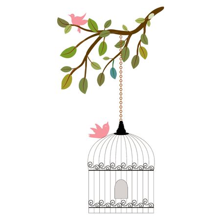 Birdcage vector with flowers. Bird cage vintage. Wedding invitation Save the date Bird cage illustration. Cage vector. Floral clip art. Leaves vectorのイラスト素材