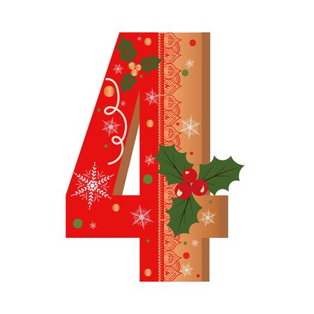 Numbers Gingerbread cookies vector - number 4 with flowers, leaves christmas and snowflakes. Illustration cookies numbersのイラスト素材