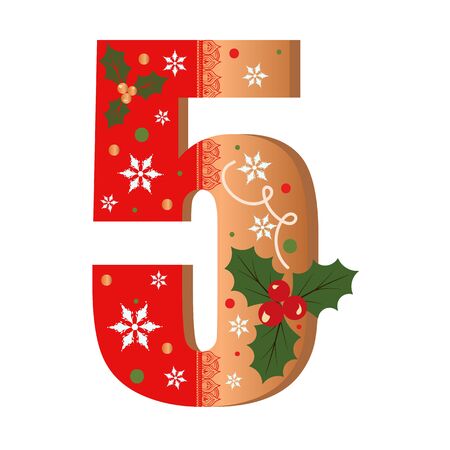 Numbers Gingerbread cookies vector - number 5 with flowers, leaves christmas and snowflakes. Illustration cookies numbersのイラスト素材