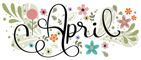Hello April text hand lettering. APRIL Month vector with flowers and leaves. Illustration april monthのイラスト素材