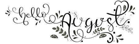 Hello August on ornaments. Hello AUGUST month vector with flowers and leaves. Floral decoration. Illustration month Augustのイラスト素材