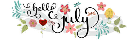 Hello July. JULY month vector with flowers and leaves. Floral decoration. Illustration month Juneのイラスト素材