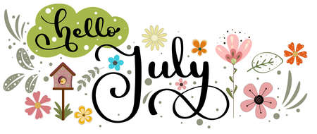 Hello July. JULY month vector with flowers, birds and leaves. Floral decoration. Illustration month Juneのイラスト素材