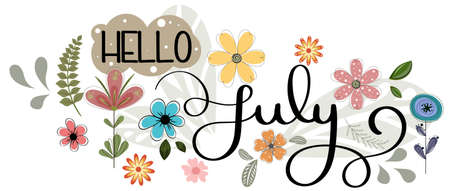 Hello July. JULY month vector with flowers and leaves. Floral decoration. Illustration month Juneのイラスト素材