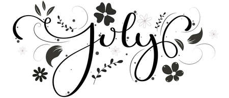 Hello July. JULY month vector with flowers and leaves, black and white. Floral decoration....