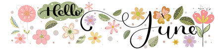 Hello JUNE. June Month text hand lettering with flowers, butterfly and leaves. Illustration month Juneのイラスト素材