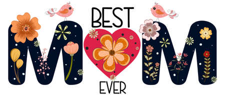 Happy MOTHER'S Day Calligraphy vector. The best MOM ever with flowers and hearts of love. Illustration Mothers day celebration.のイラスト素材