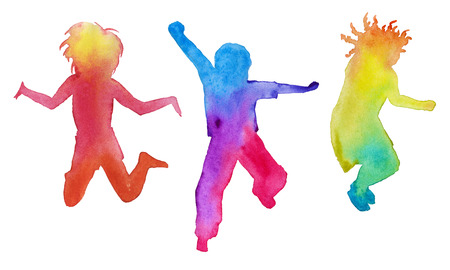 Set of children silhouettes in colors. design elements. children jump. isolated. watercolorの写真素材