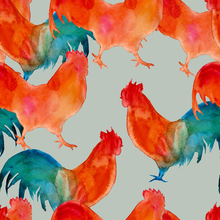 background silhouettes roosters. seamless pattern. watercolor illustrationの写真素材