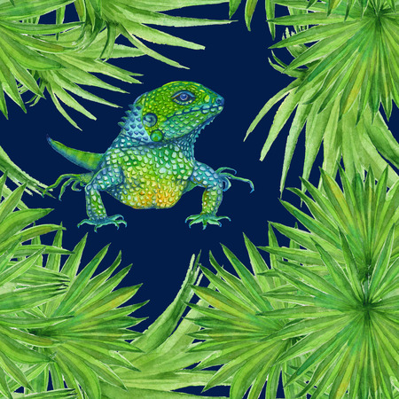 background with green iguana lizard in the palm leaves. seamless pattern. watercolor illustrationの写真素材