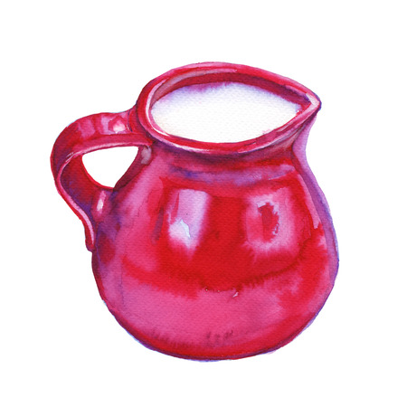 Red jug with milk. Watercolor illustration. Isolated on a white background.の写真素材