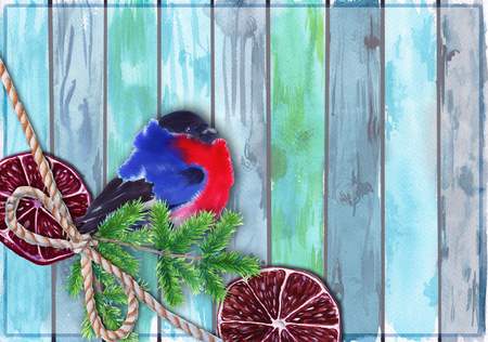 Template greeting cards. Background old plank of wood. Blue paint. Watercolor sketch.の写真素材