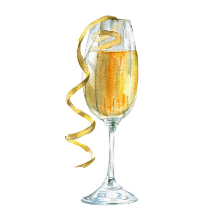 Glass of champagne. Isolated on a white background. Watercolor sketch.の写真素材