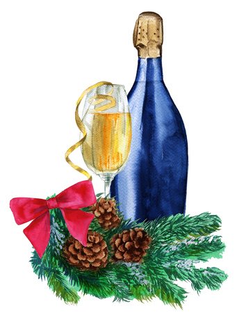 bottle of champagne in the glass. Isolated on a white background. Watercolor sketch.の写真素材