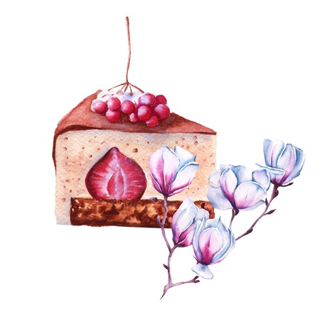Coffee cake with winter berries. isolated on a white background. watercolor illustration.の写真素材