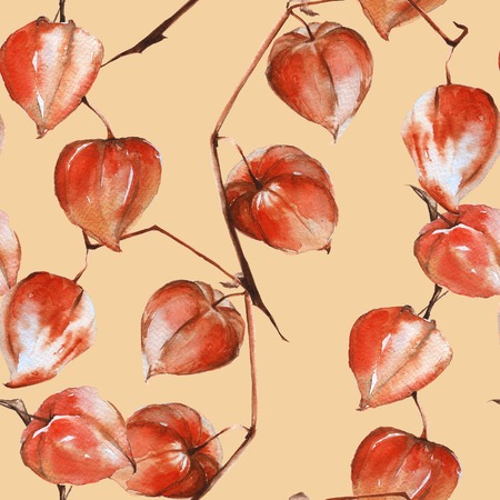 Background branch with the fruits of physalis. Seamless pattern. Pattern for fabric. Watercolor illustration.の写真素材