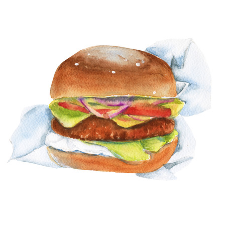 Sandwich with cutlet. Burger. Isolated on white background. Watercolor illustration.の写真素材