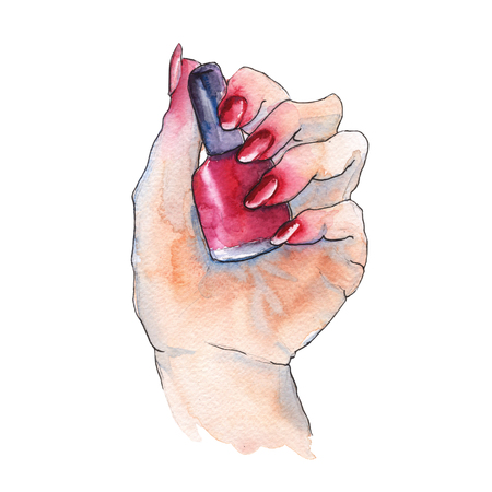 Gesture with your fingers. A woman's hand with a bottle of nail polish. Isolated on white background. Watercolor illustration.の写真素材