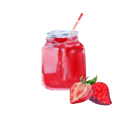 Yogurt from a strawberry in a jar with a straw. Isolated on white background. Watercolor illustrationの写真素材