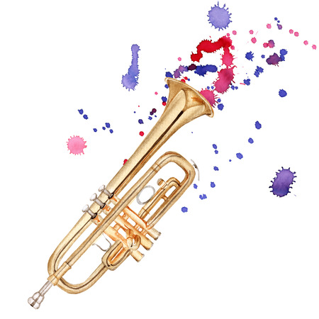 Musical instruments. Trumpet. Isolated on white background. Watercolor illustrationの写真素材