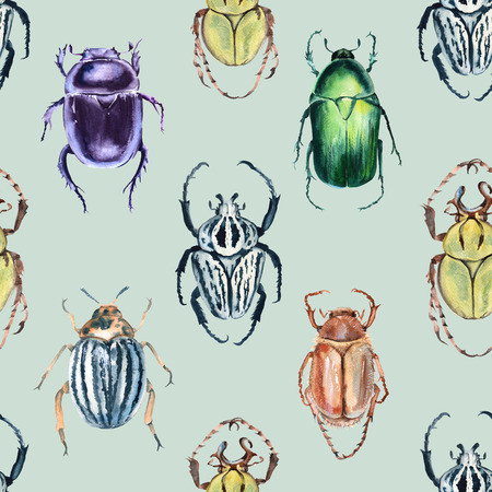 Beetle background. Seamless pattern. Watercolor illustrationの写真素材
