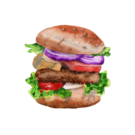 big hamburger with a cutlet. isolated on white background. watercolor illustration.の写真素材