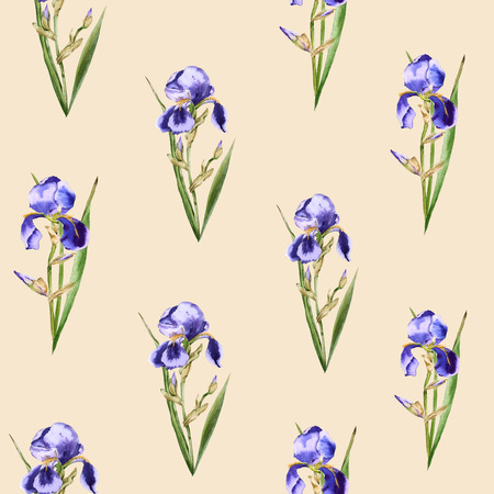 Background of iris flowers. Seamless pattern for fabric. Watercolor illustration.の写真素材