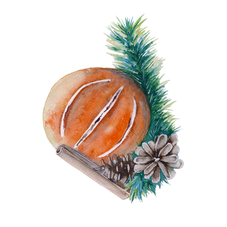 Orange with spruce branch and cinnamon. Isolated on white background. Watercolor illustrationの写真素材