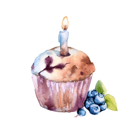 Christmas cupcake with a candle. Isolated on white background. Watercolor illustrationの写真素材