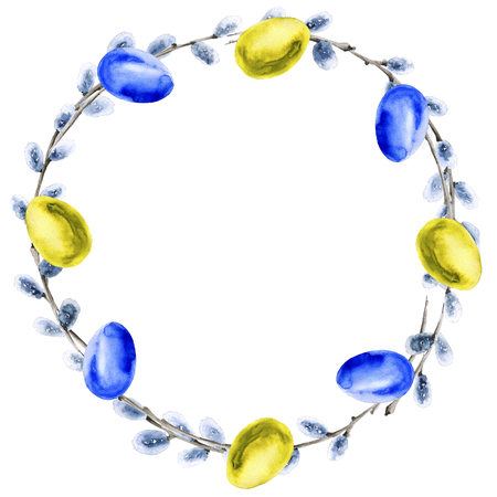 Easter wreath of flowers and twigs. Isolated on white background. Watercolor illustration.の写真素材