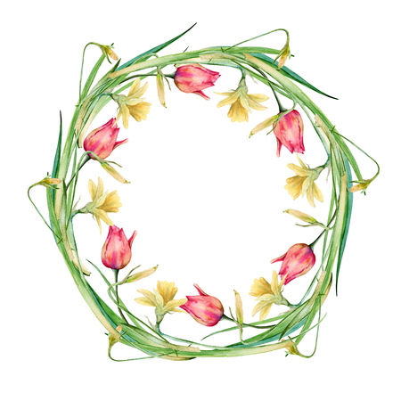 Easter wreath of flowers and twigs. Isolated on white background. Watercolor illustration.の写真素材