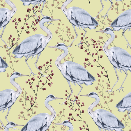 Background with gray heron. Seamless pattern. Watercolor illustration.の写真素材
